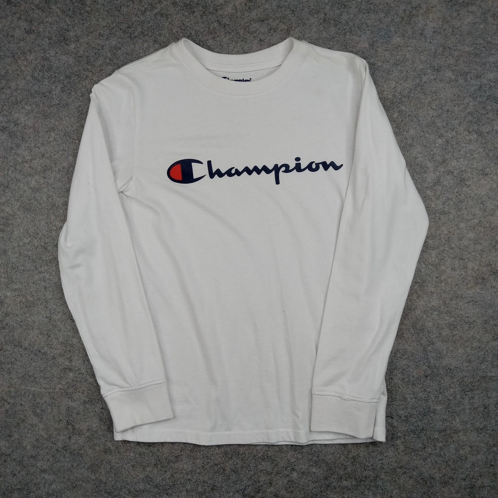 Champion Shirt Boys Medium White Long Sleeve Script Authentic Athleticwear Youth